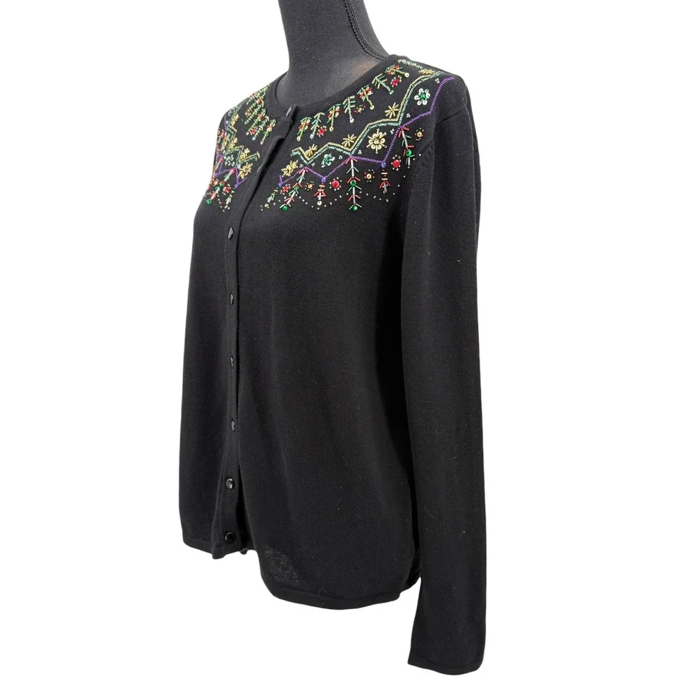 Design Originals Studio Women Cardigan Black Beaded‎ Embellished Sweater Cotton